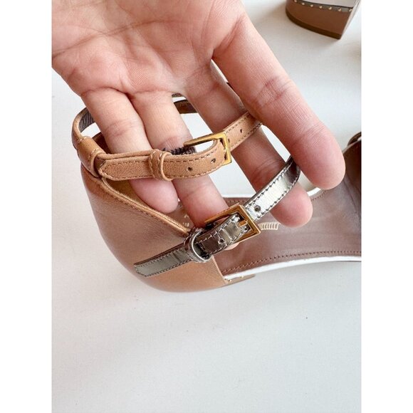 MAIYET Tan White Gold Colorblock Studded Stacked Block Heel Sandals, Size 39 - Picture 5 of 16